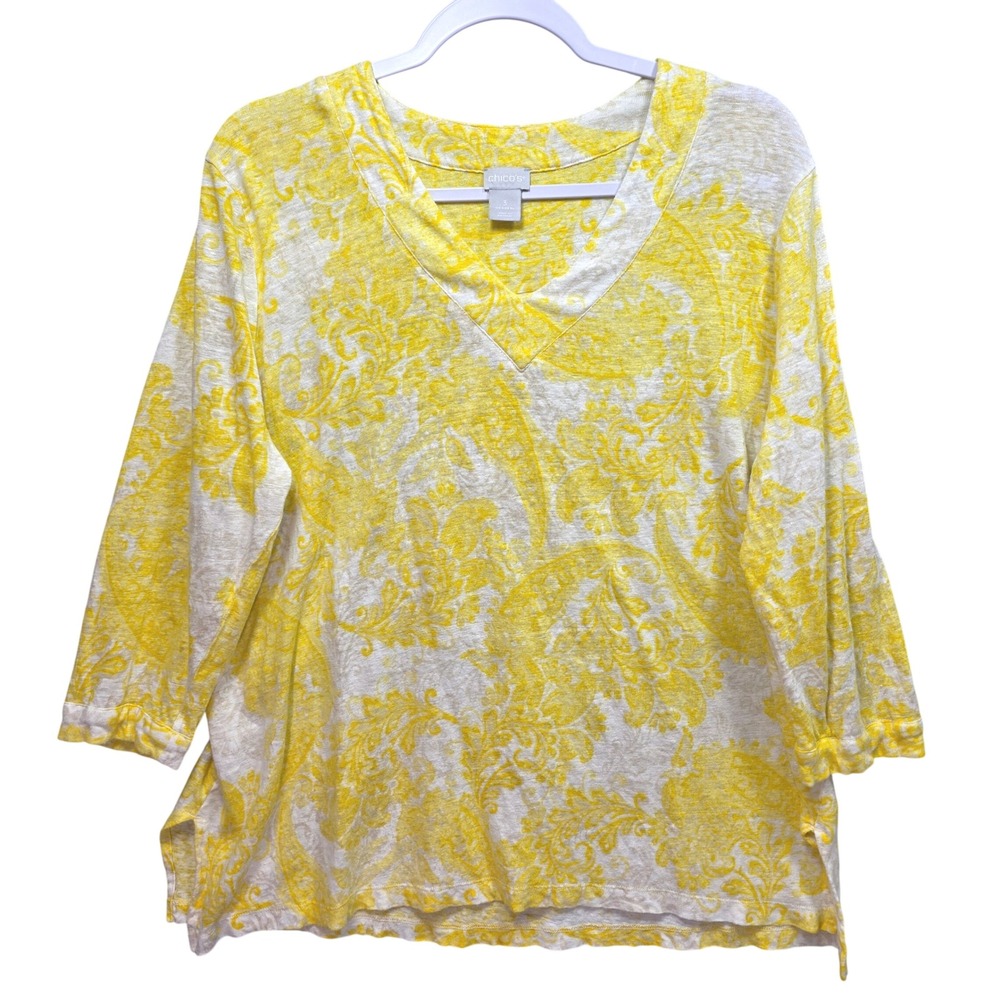 Chicos Paisley All Linen Blendβ Vneck Top 3 Qtr Sleeve Womens 3 XL Yellow White